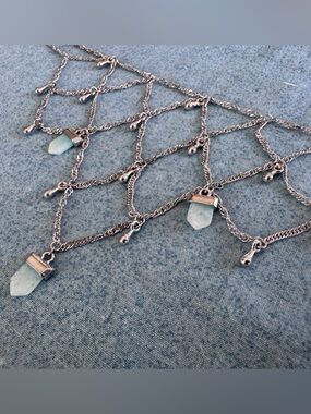 Vintage Free People Y2K Silver Chain Body Necklace with Aqua Crystal Pendants